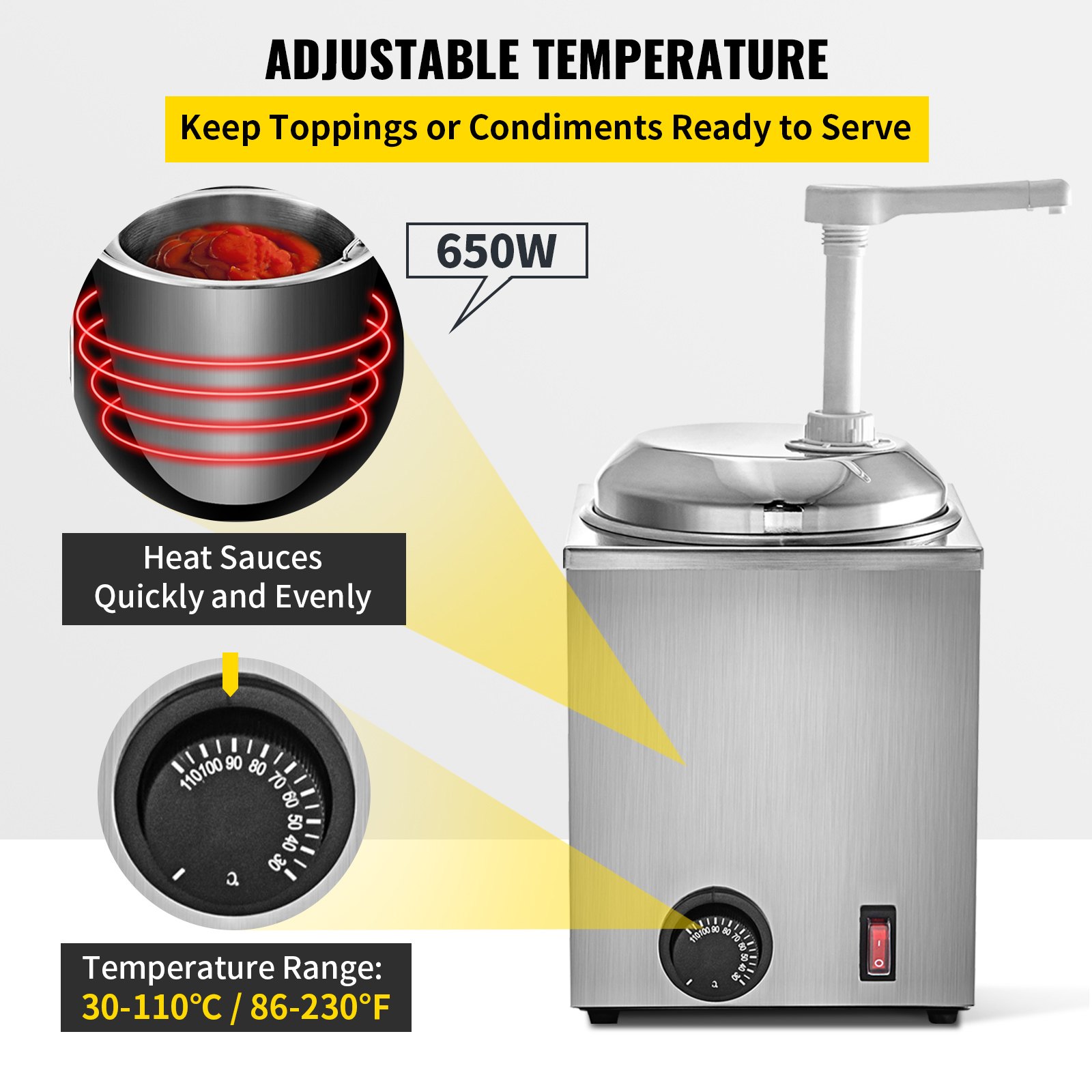 Calentador de salsa de chocolate caliente VEVOR con temperatura ajustable, 650 W, rango de 30 a 110 °C.