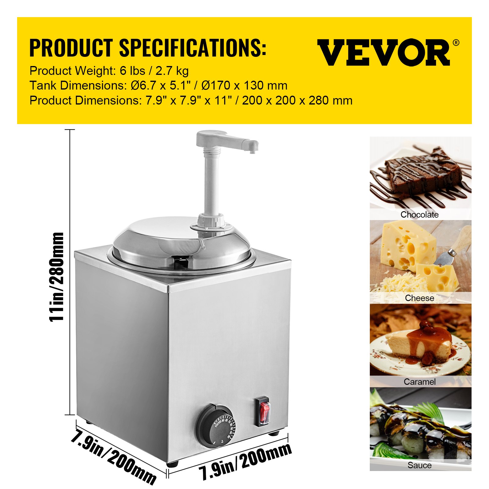 Calentador de salsa de chocolate caliente VEVOR con dimensiones y usos para chocolate, queso, caramelo y salsa.