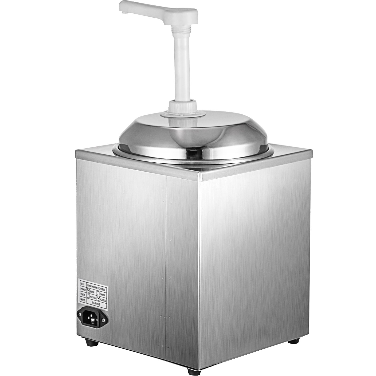 Calentador de salsa de chocolate caliente VEVOR en acero inoxidable con dispensador de bomba.