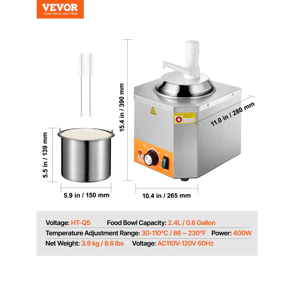 Dispensador de queso eléctrico VEVOR con bomba, calentador comercial de 2,4 L para salsa de queso nacho, temperatura ajustable de 30 a 114 °C, para salsa de queso y caramelo.