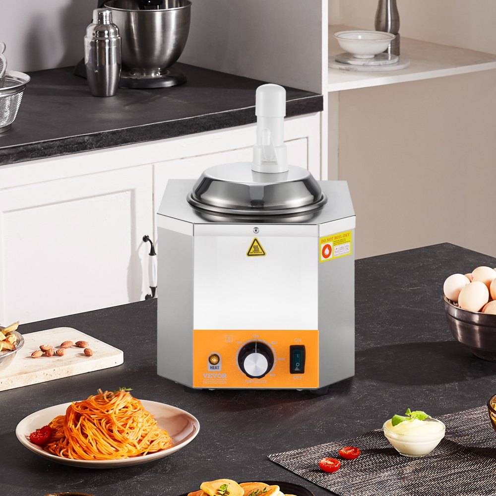 Dispensador de queso eléctrico VEVOR con bomba, calentador comercial de 2,4 L para salsa de queso nacho, temperatura ajustable de 30 a 114 °C, para salsa de queso y caramelo.