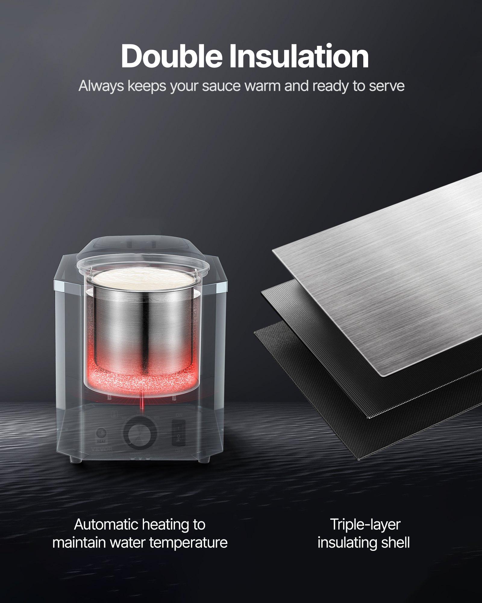 Dispensador de queso eléctrico VEVOR con bomba, calentador comercial de 2,4 L para salsa de queso nacho, temperatura ajustable de 30 a 114 °C, para salsa de queso y caramelo.