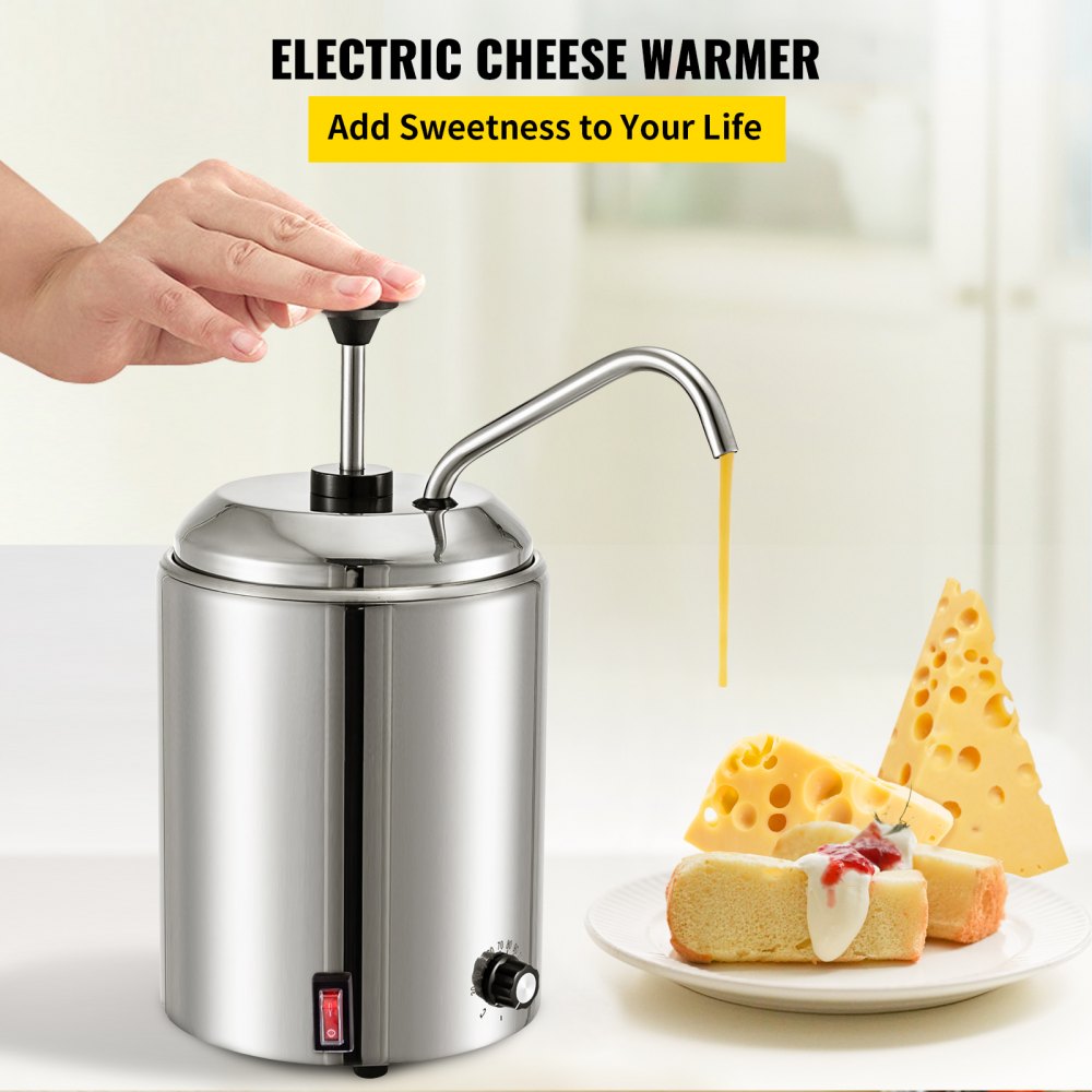 Dispensador de queso VEVOR con queso caliente vertido, rebanadas de pastel y queso suizo en un plato.