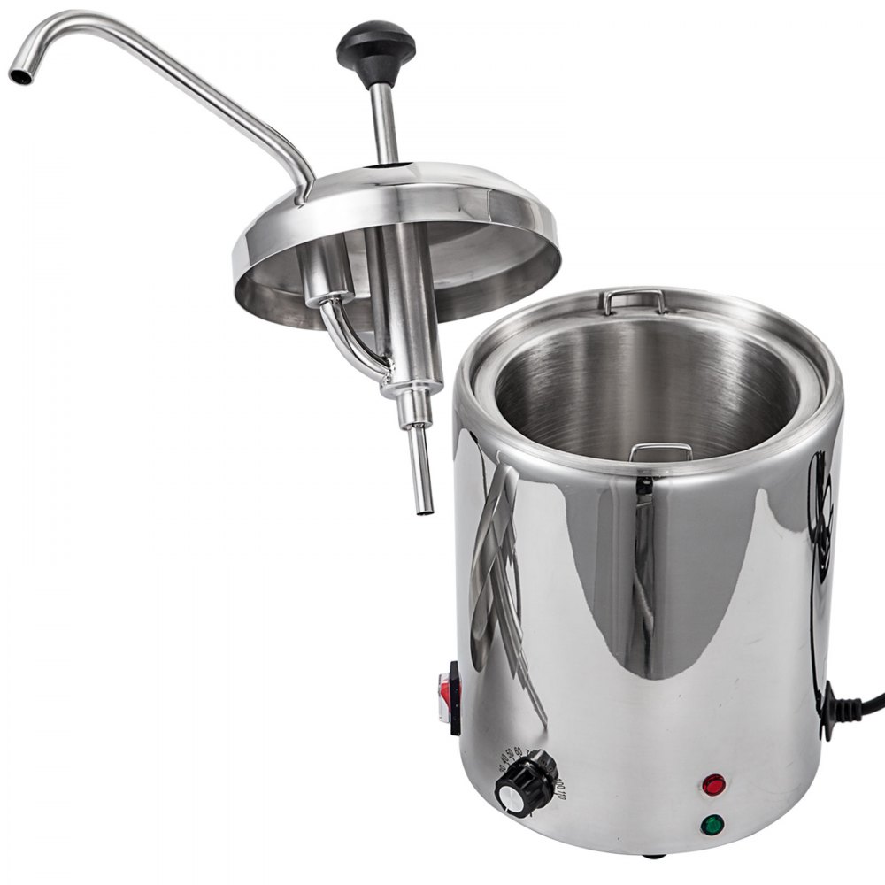 Dispensador de queso VEVOR, acero inoxidable con tapa de bomba y controles de temperatura.