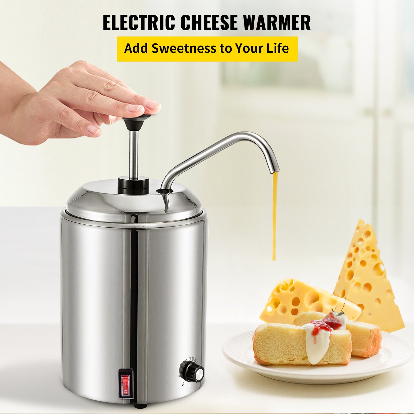 Dispensador de queso VEVOR con queso caliente vertido, rebanadas de pastel y queso suizo en un plato.