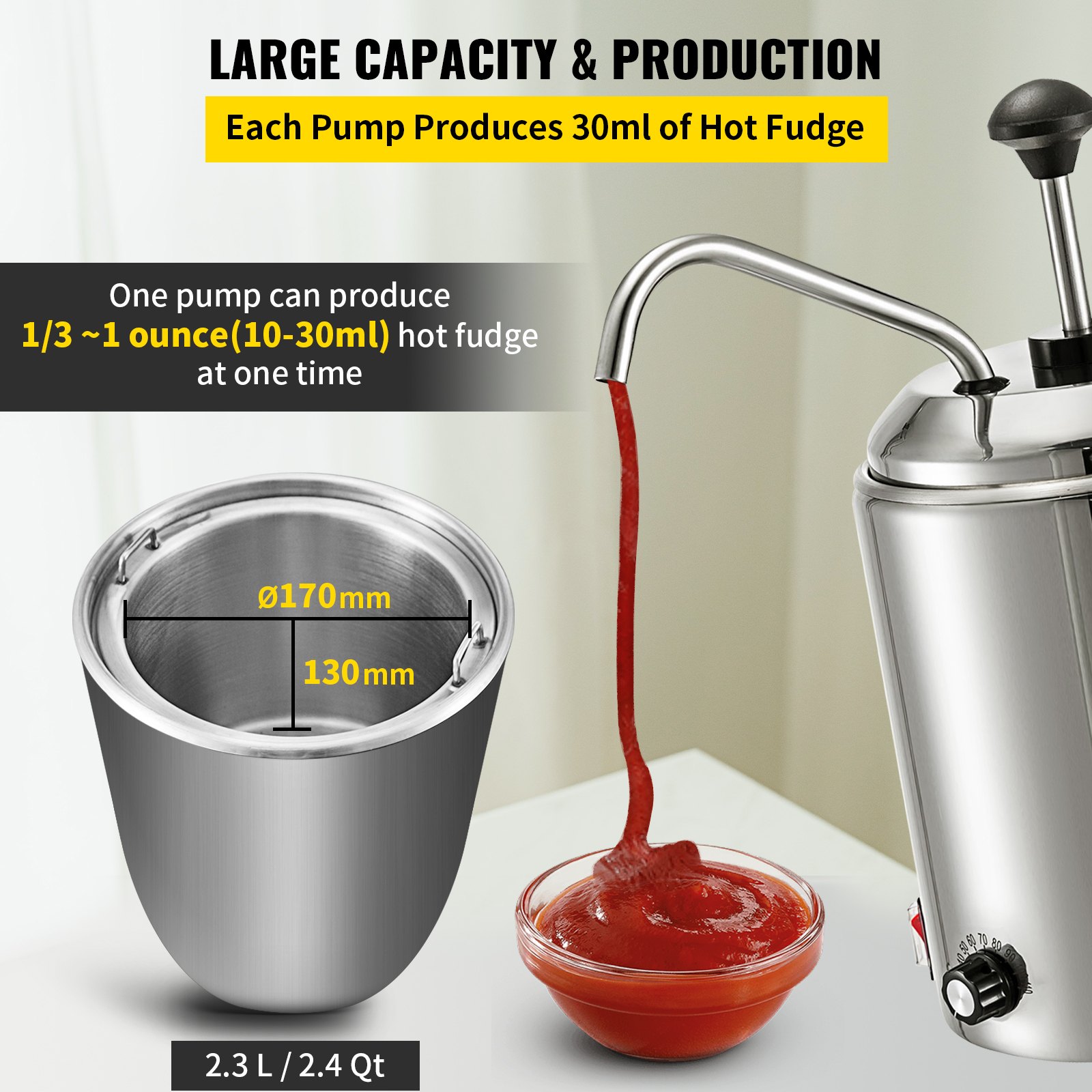 Dispensador de queso VEVOR de gran capacidad. 30 ml por bomba para servir salsa de chocolate caliente.