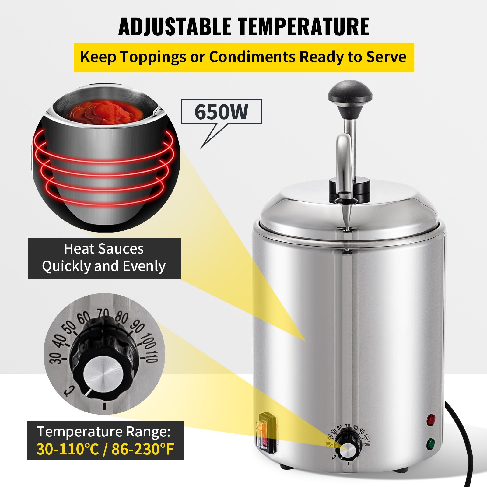 Dispensador de queso VEVOR con temperatura regulable y calentamiento de 650w para salsas.