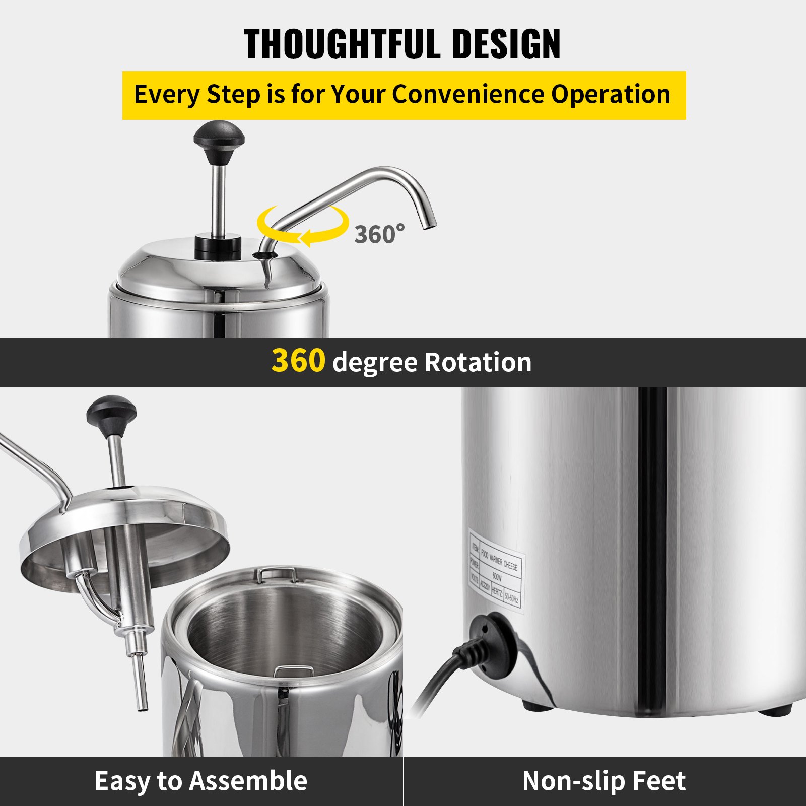 Dispensador de queso VEVOR con rotación de 360 grados, fácil montaje y patas antideslizantes.