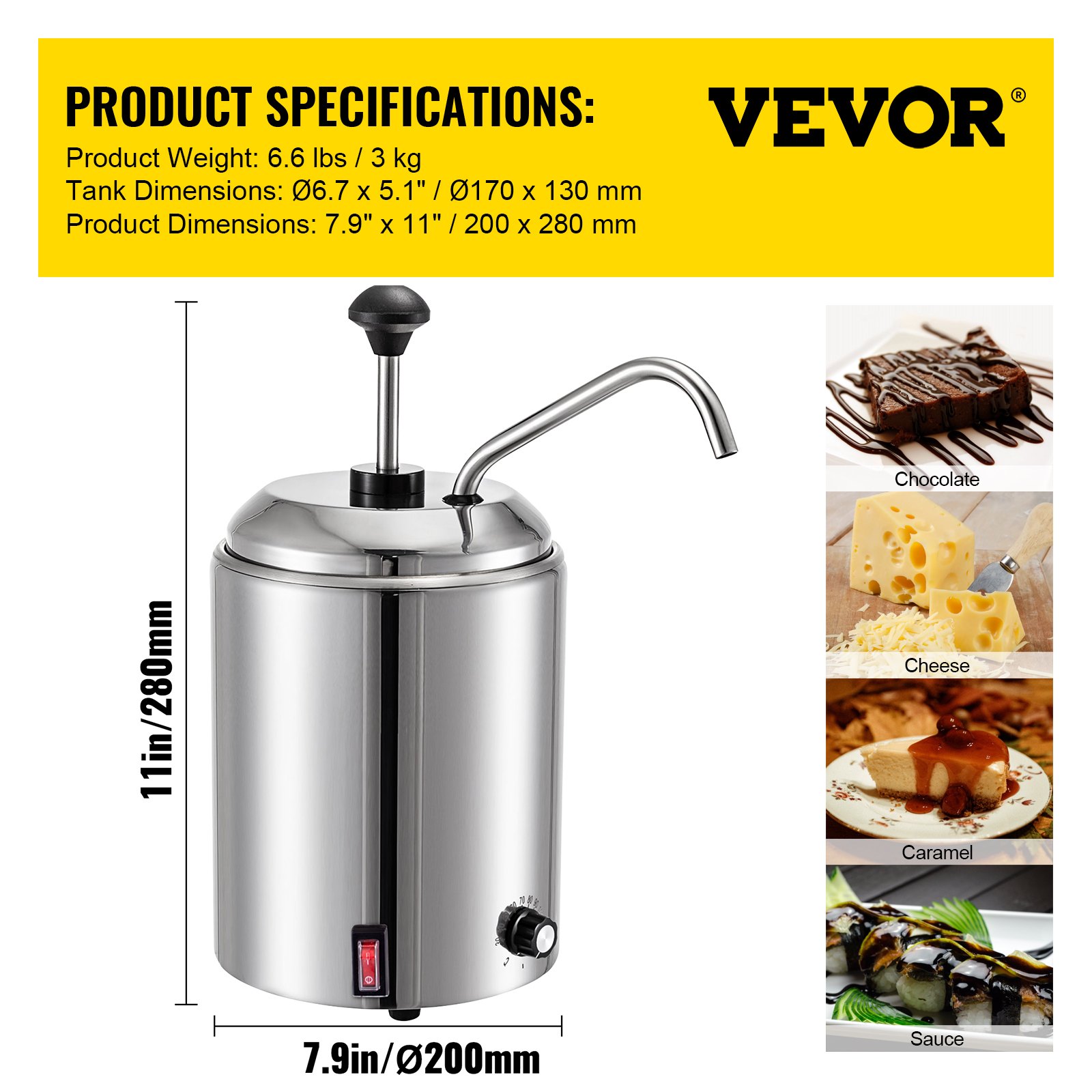 Dispensador de queso VEVOR con especificaciones del producto e imágenes de varios ingredientes.