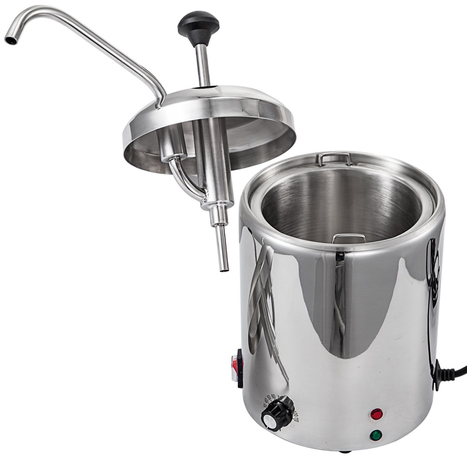 Dispensador de queso VEVOR, acero inoxidable con tapa de bomba y controles de temperatura.