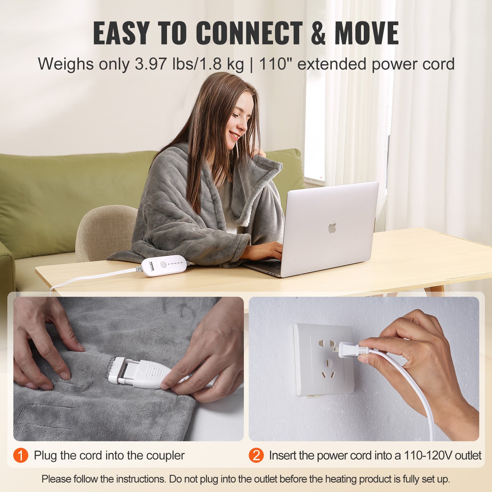 Manta eléctrica VEVOR, 127 x 152 cm, tamaño individual, suave franela y sherpa, con temporizador de 3 horas y apagado automático, 5 niveles de calefacción para sofá, lavable a máquina, certificación ETL y FCC (gris)