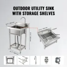 VEVOR Fregadero utilitario de acero inoxidable, fregadero pequeño independiente de 1 compartimento que incluye grifo y patas, fregaderos comerciales de un solo tazón de 16 x 13 x 8,7 pulgadas para garaje, restaurante, cocina, lavandería, certificado NSF