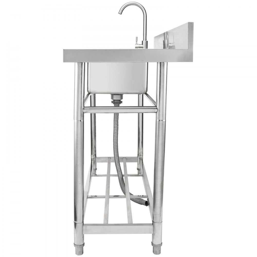 Fregadero utilitario de acero inoxidable VEVOR de un solo tazón con grifo y estante inferior abierto para cocinas.