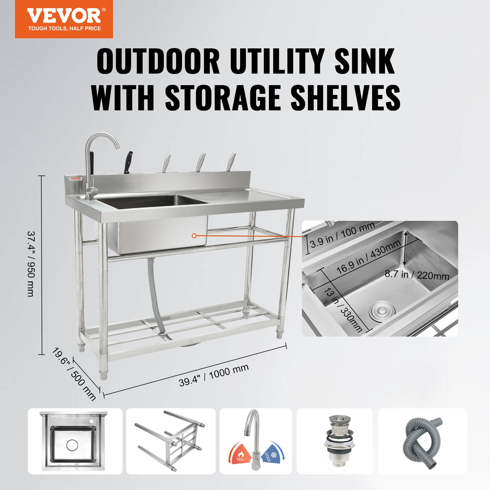 Fregadero utilitario de acero inoxidable VEVOR con grifo, estantes de almacenamiento y dimensiones detalladas.