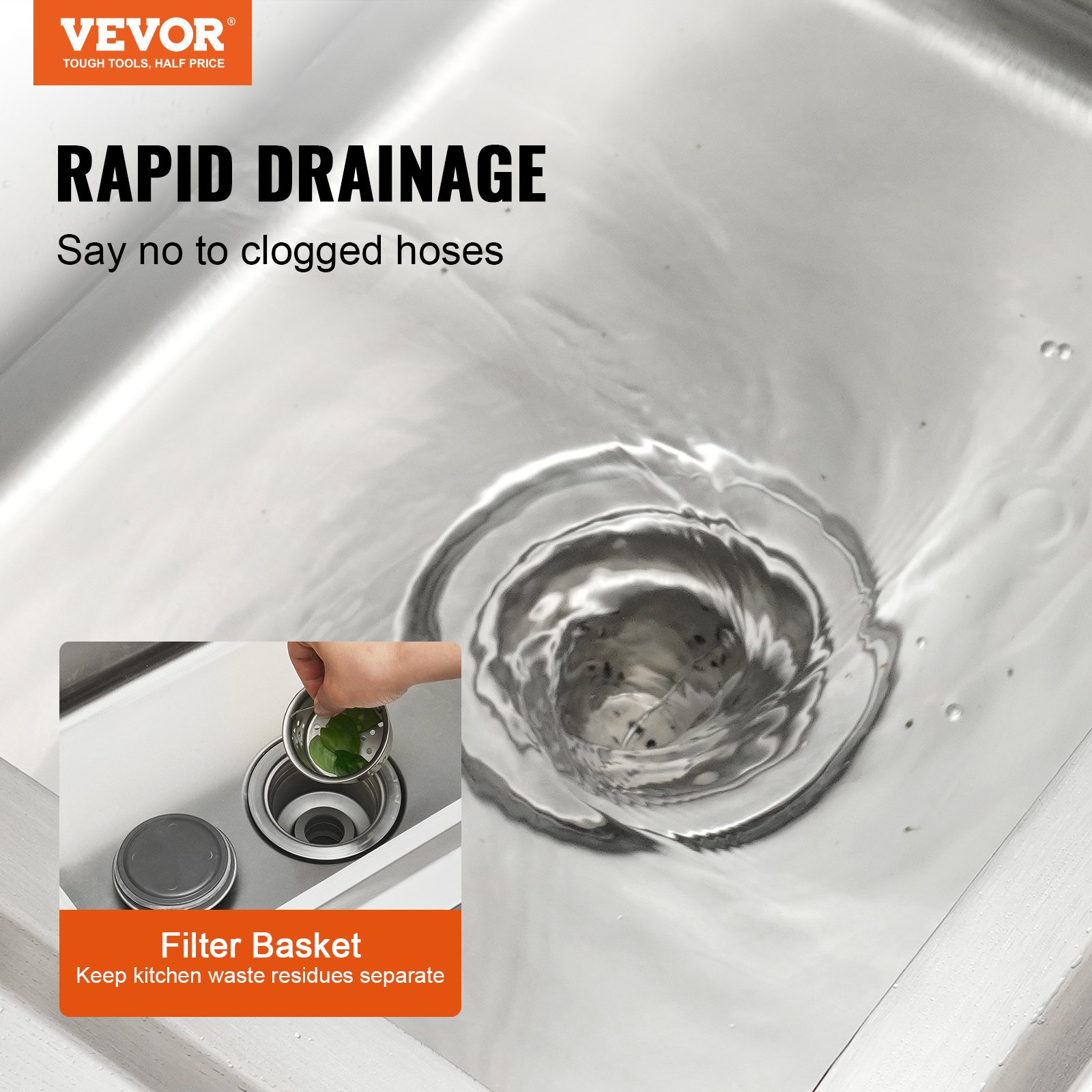 Fregadero utilitario de acero inoxidable VEVOR con drenaje rápido y cesta de filtro para mantener los residuos separados.