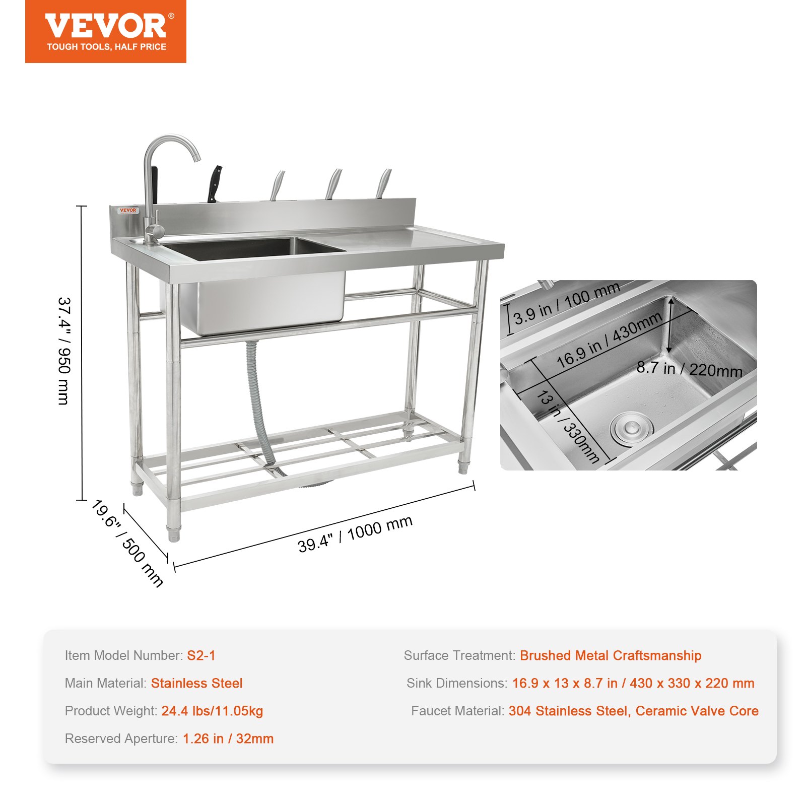 Fregadero de acero inoxidable VEVOR con grifo, medidas y especificaciones mostradas