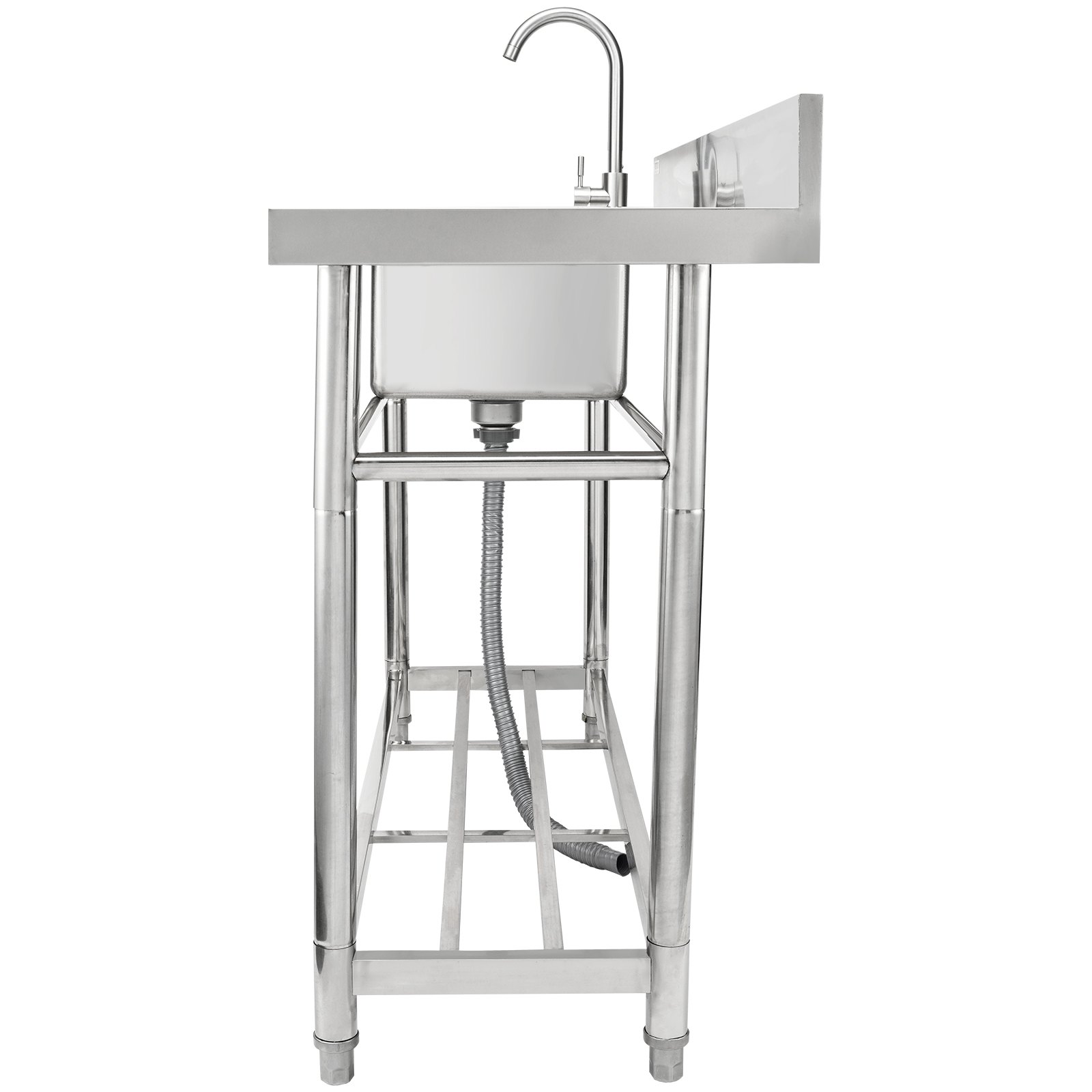 Fregadero utilitario de acero inoxidable VEVOR de un solo tazón con grifo y estante inferior abierto para cocinas.