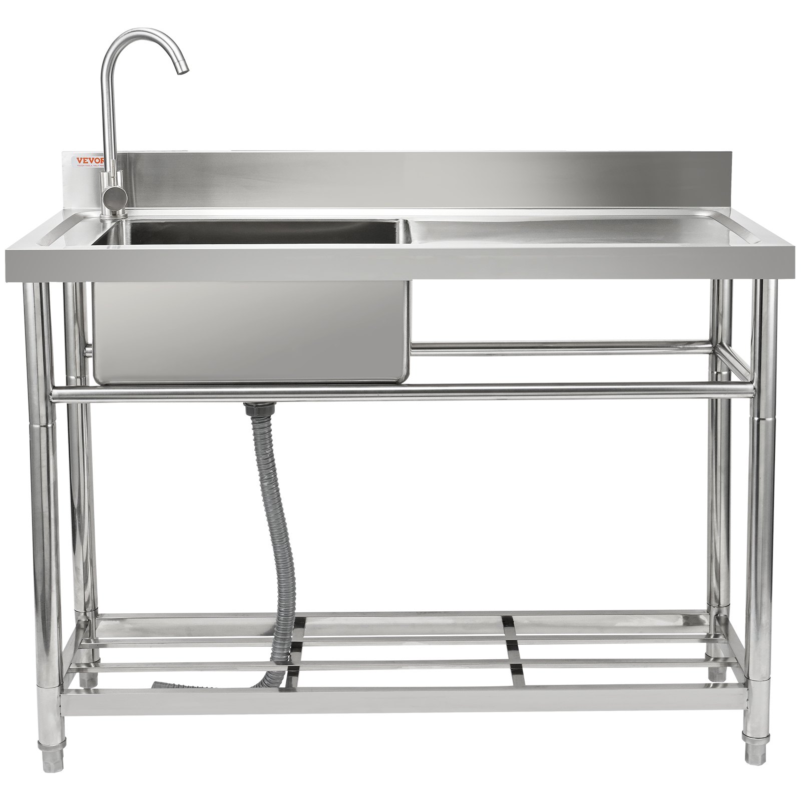 Fregadero utilitario de acero inoxidable VEVOR con lavabo simple, protector contra salpicaduras y estante inferior abierto.