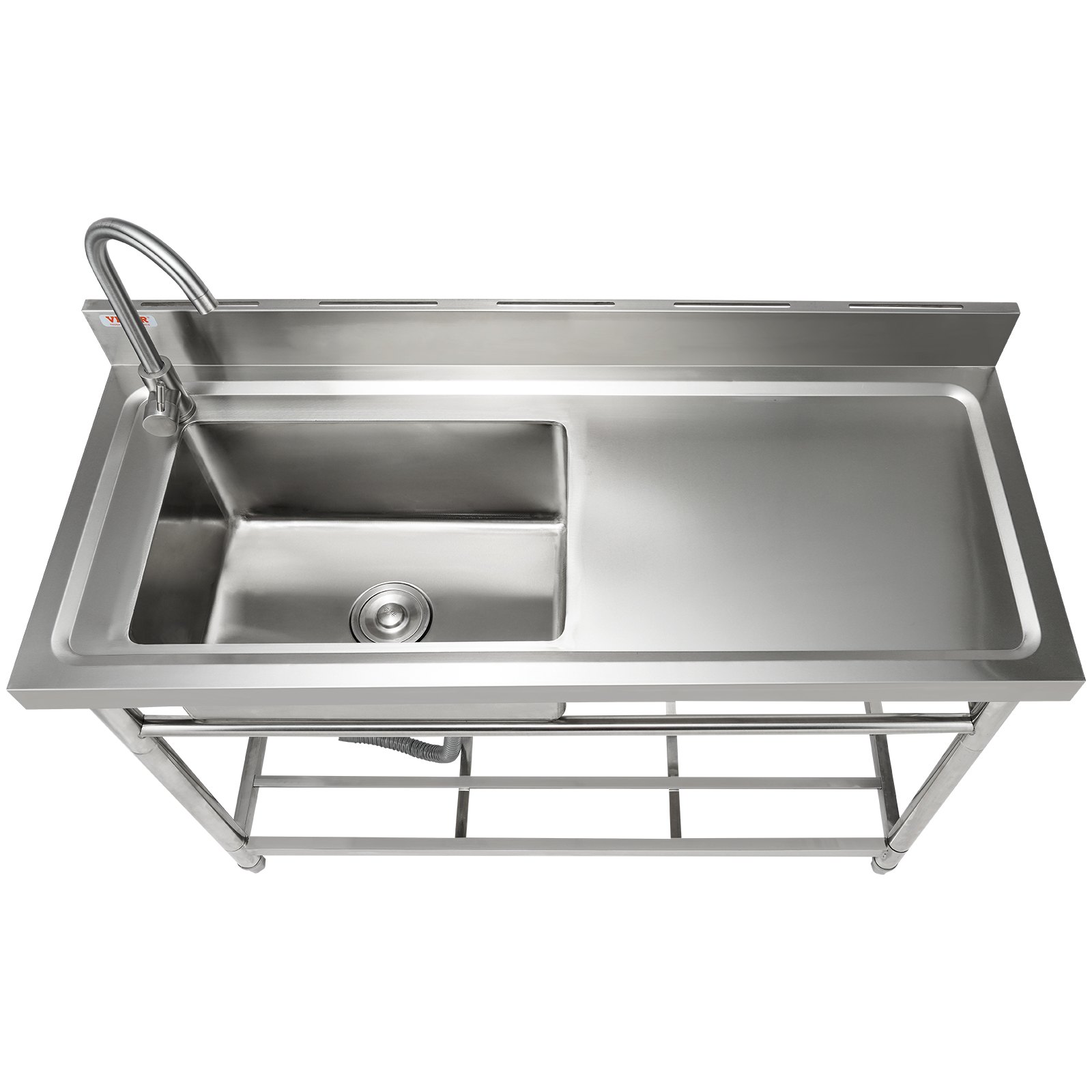 Fregadero utilitario de acero inoxidable VEVOR con escurridor lateral, grifo y estante de almacenamiento inferior.