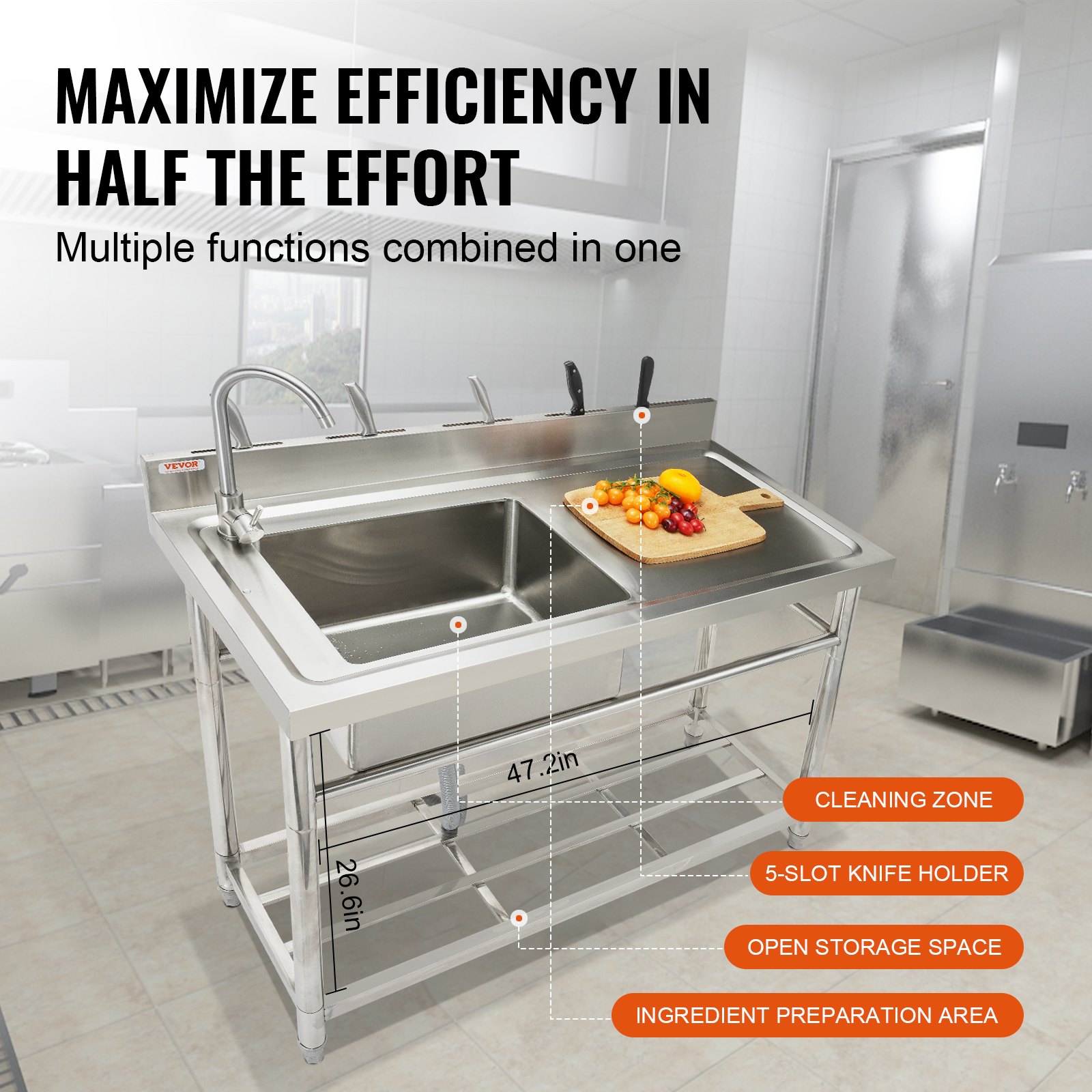 Fregadero utilitario de acero inoxidable VEVOR en una cocina moderna, con un fregadero doble y estantes de almacenamiento abiertos.