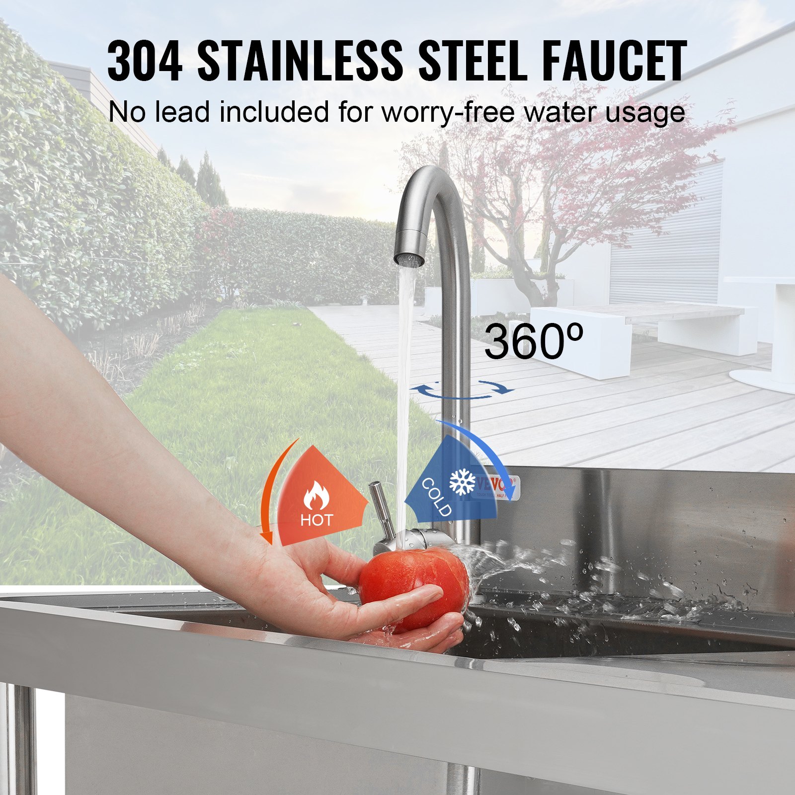 Lavar a mano una manzana bajo un grifo de acero inoxidable 304 con opciones de agua fría y caliente en un fregadero utilitario de acero inoxidable VEVOR.