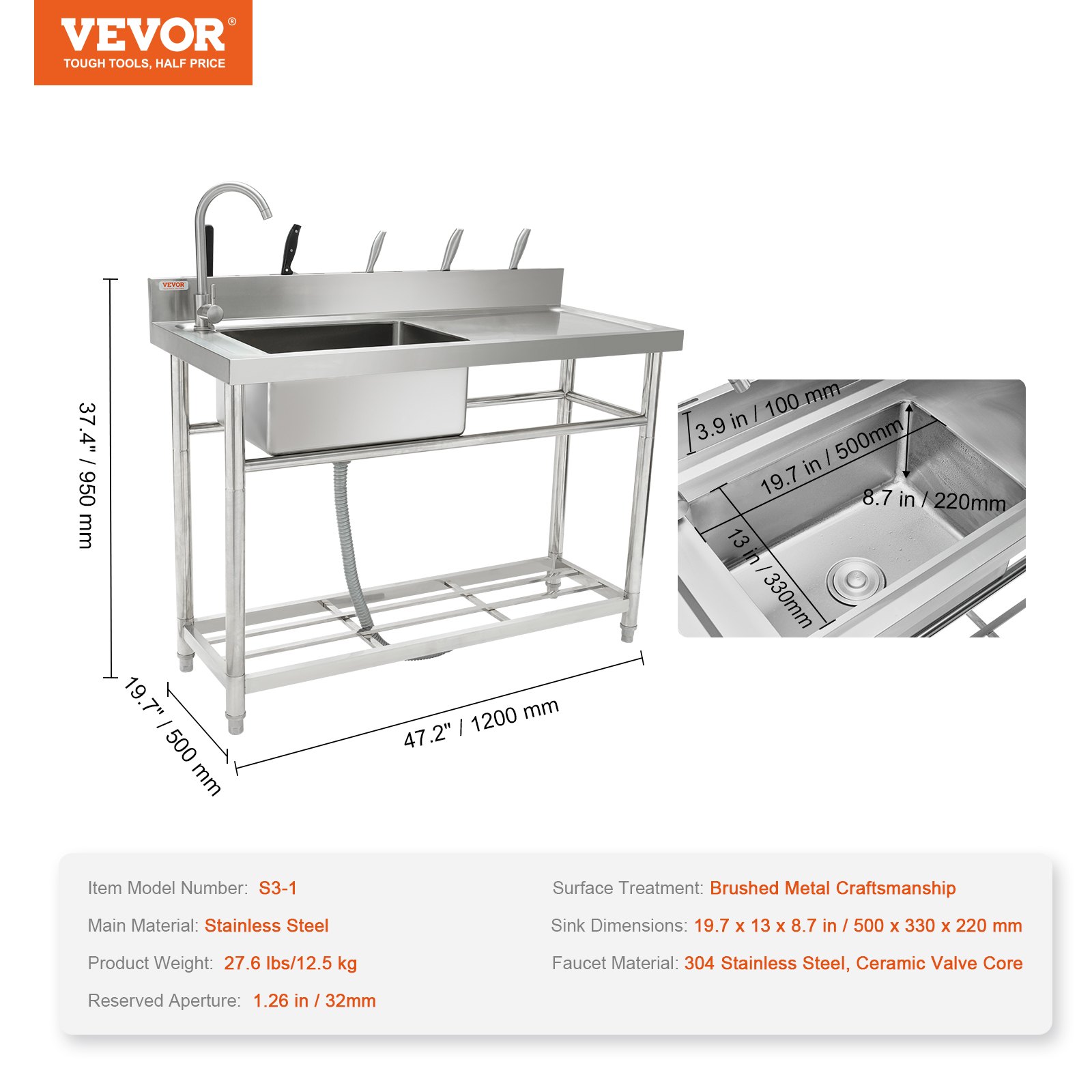 Fregadero utilitario de acero inoxidable VEVOR, 47,2&quot; x 19,7&quot; x 37,4&quot;, acabado de metal cepillado con lavabo de 19,7&quot; x 13&quot; x 8,7&quot;.