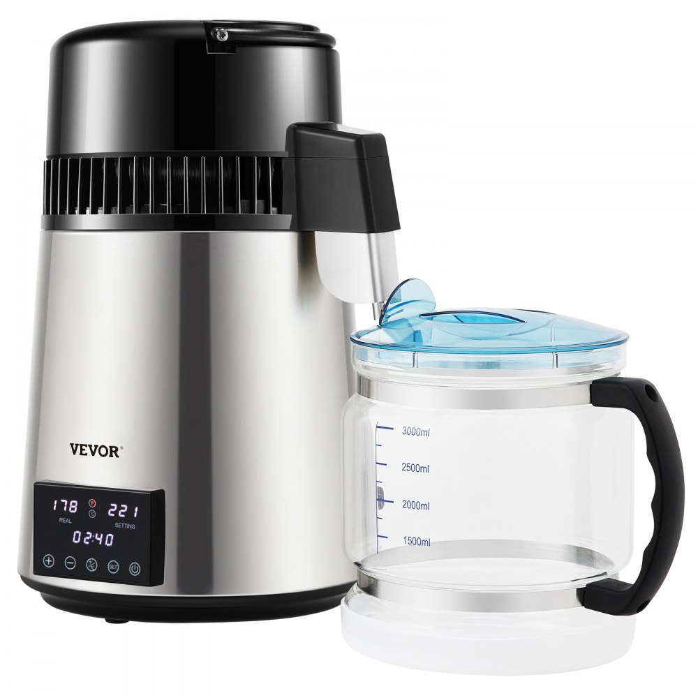 Destilador de agua VEVOR con pantalla LCD, cuerpo de acero inoxidable y jarra transparente con tapa azul.