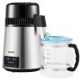 Destilador de agua VEVOR con pantalla LCD, cuerpo de acero inoxidable y jarra transparente con tapa azul.