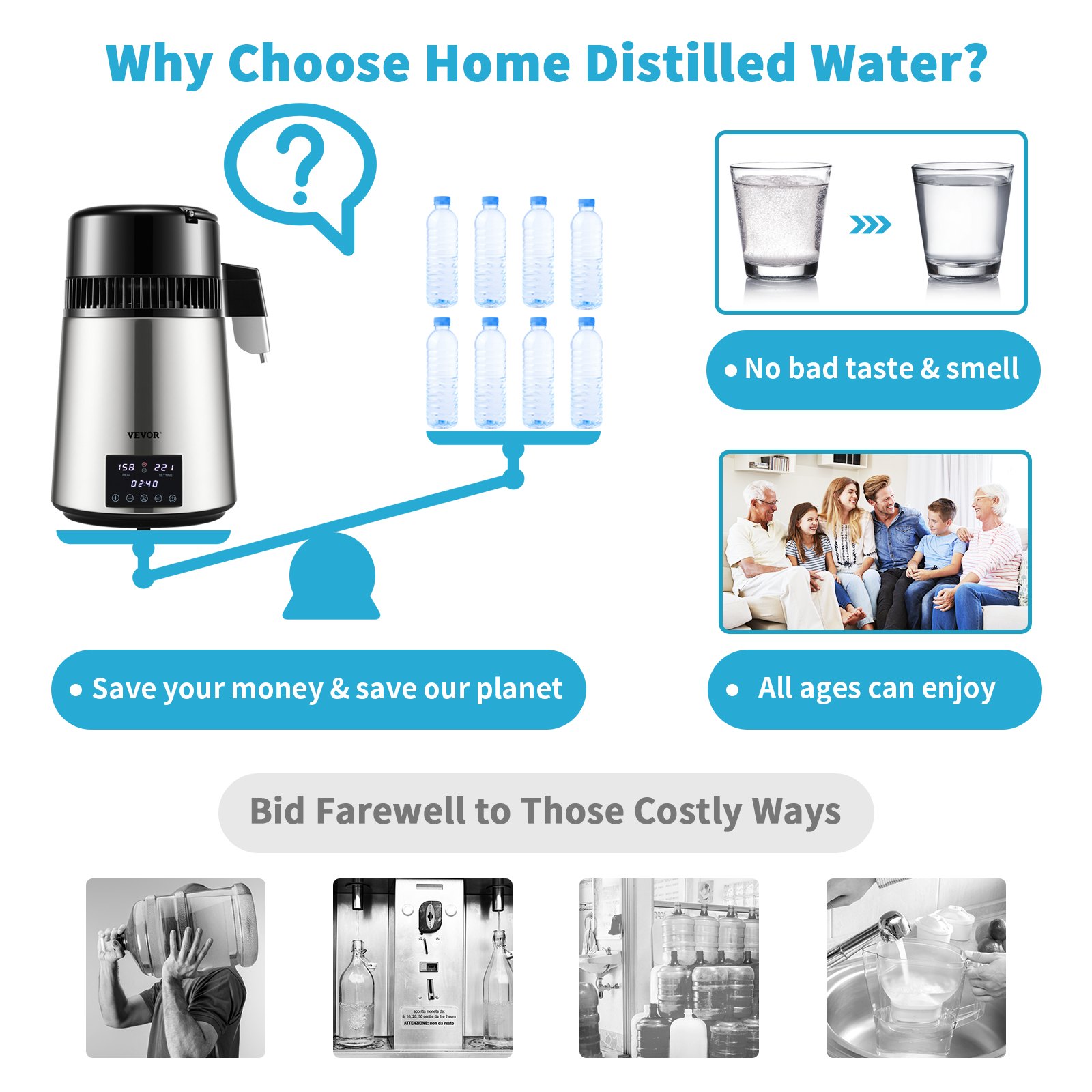 ¿Por qué elegir el destilador de agua VEVOR? Ahorre dinero, elimine el mal sabor, es ecológico y apto para todas las edades.