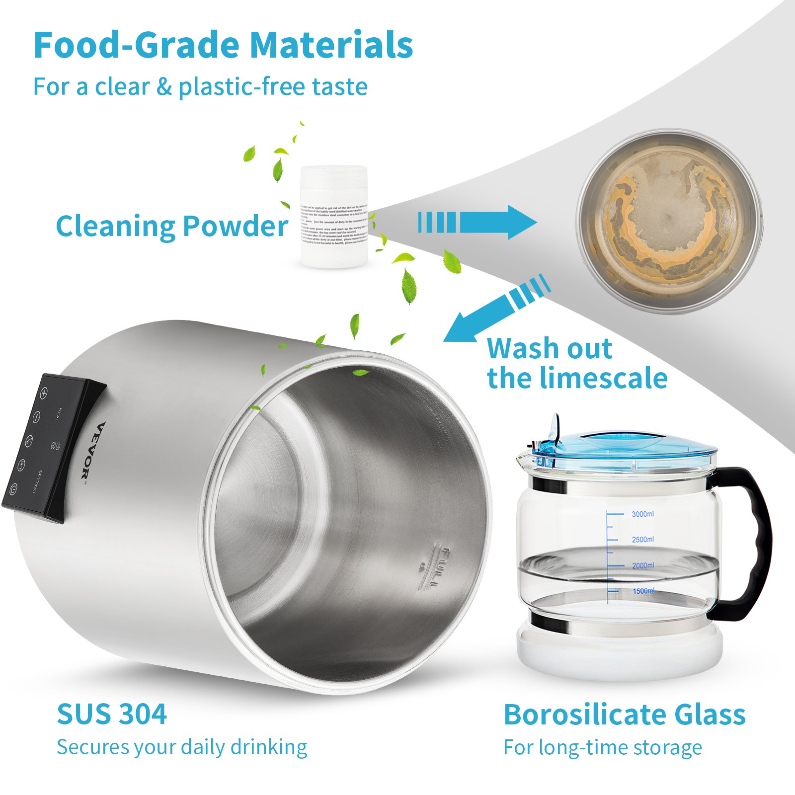 Destilador de agua VEVOR con acero inoxidable sus 304, polvo de limpieza y recipiente de vidrio de borosilicato.
