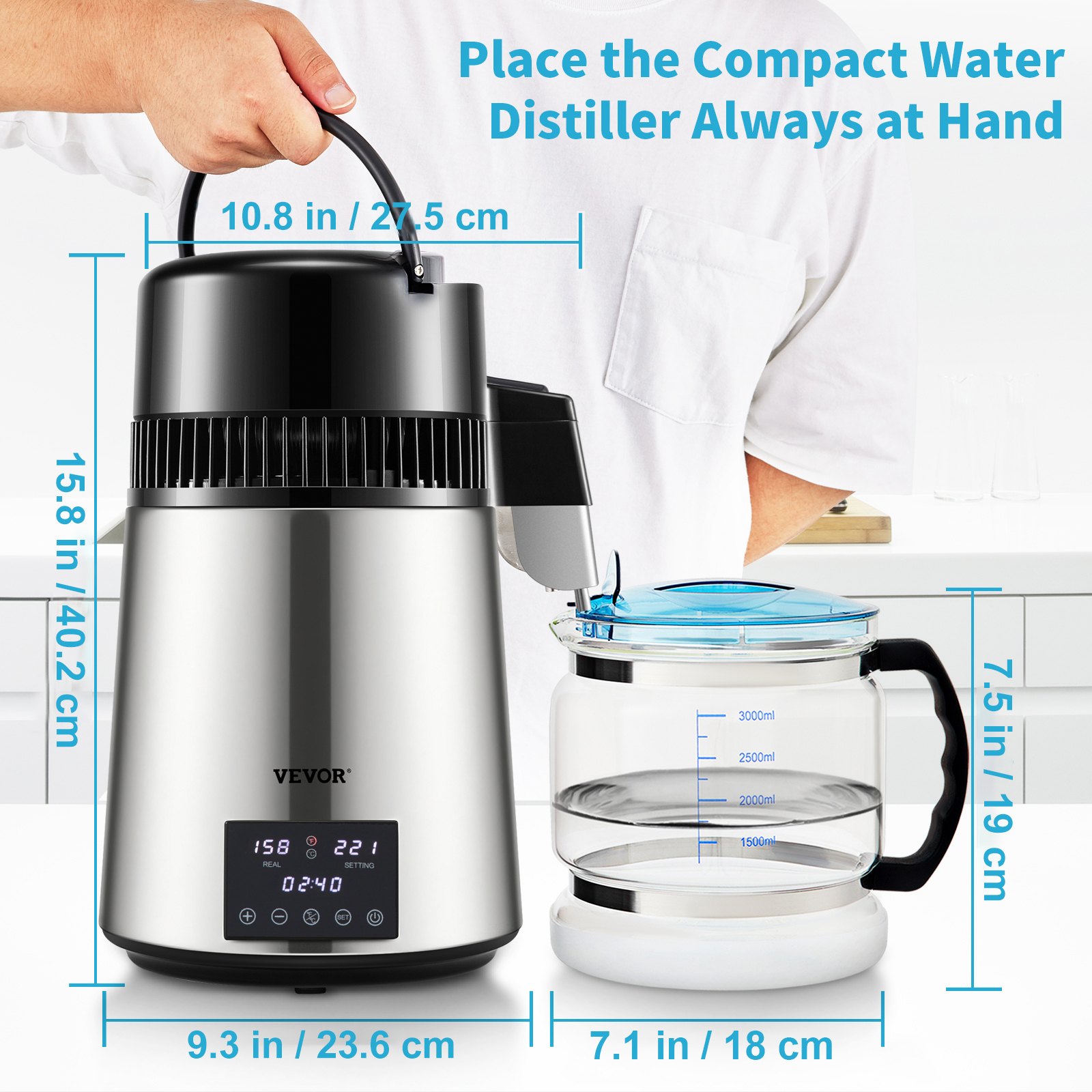 Destilador de agua VEVOR con pantalla digital, que muestra medidas y se maneja en una cocina.