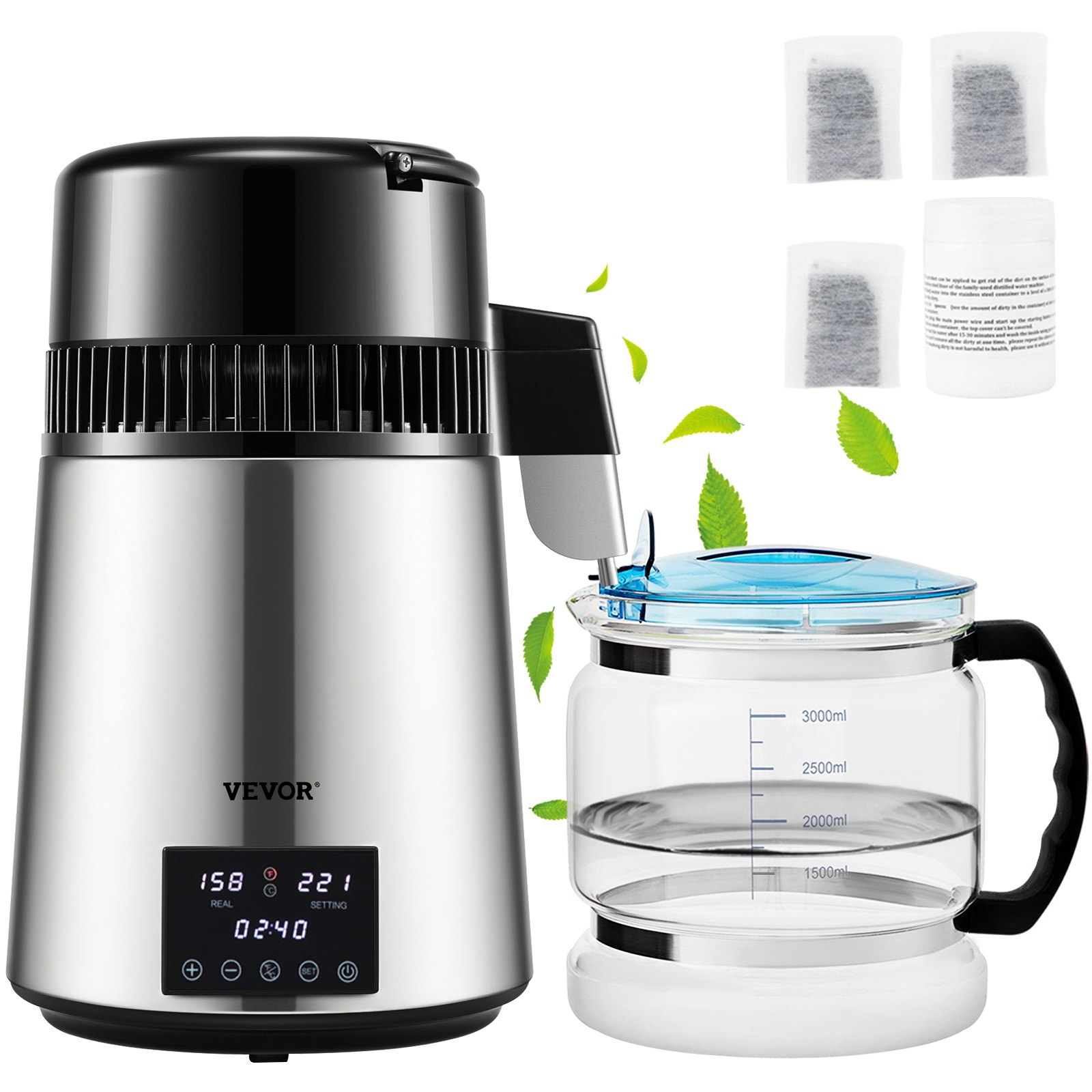 Destilador de agua VEVOR con pantalla LCD, recipiente de vidrio y filtros, rodeado de hojas verdes.