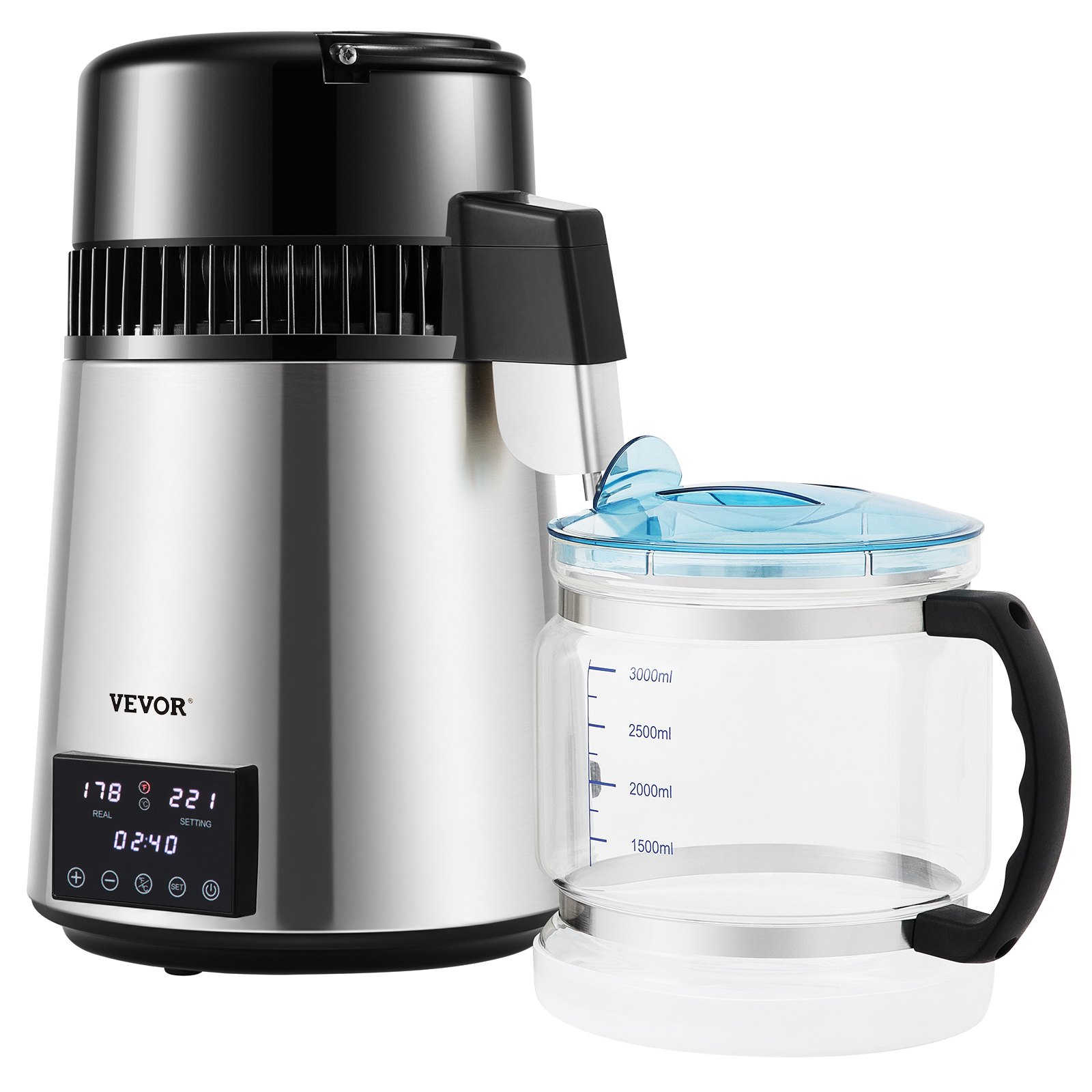Destilador de agua VEVOR con pantalla LCD, cuerpo de acero inoxidable y jarra transparente con tapa azul.