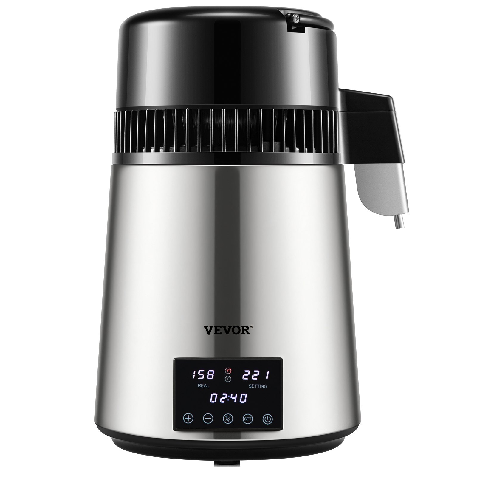 Destilador de agua VEVOR con cuerpo de acero inoxidable, pantalla digital y pico de vertido fácil.