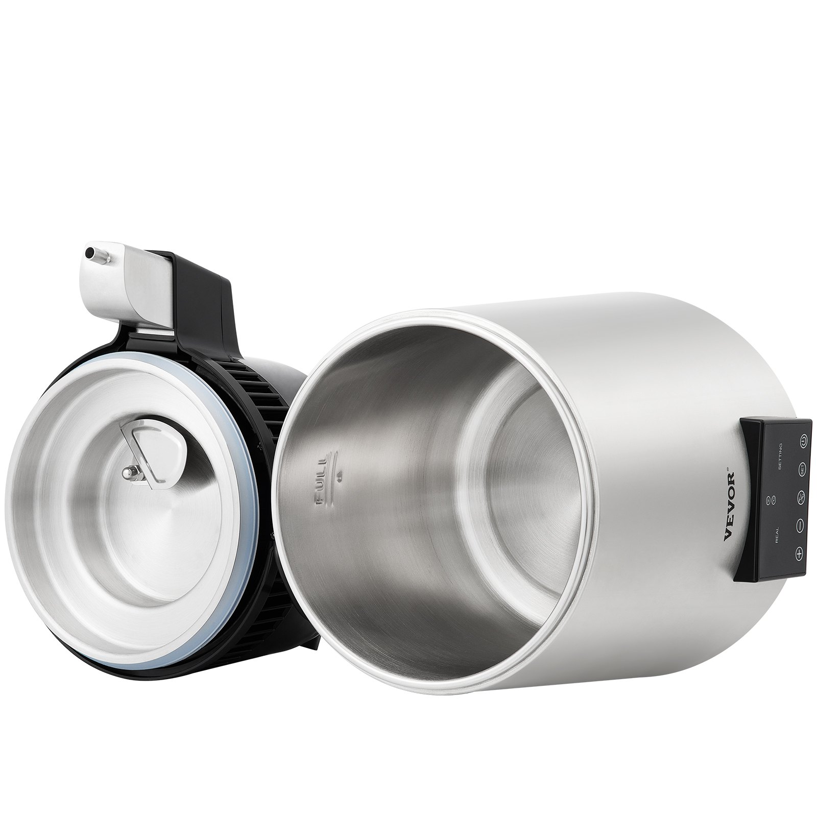 Destilador de agua VEVOR con recipiente abierto de acero inoxidable y panel de control digital, resaltando la tapa interior.
