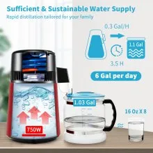 Destilador de agua VEVOR de 1,1 galones, 0,3 galones por hora, 750 W, máquina para hacer agua destilada, temporizador de 0 a 99 horas, pantalla de temperatura dual, destilador de encimera de acero inoxidable 304, polvo de limpieza de jarra de vidrio, 3 paquetes de carbón, rojo