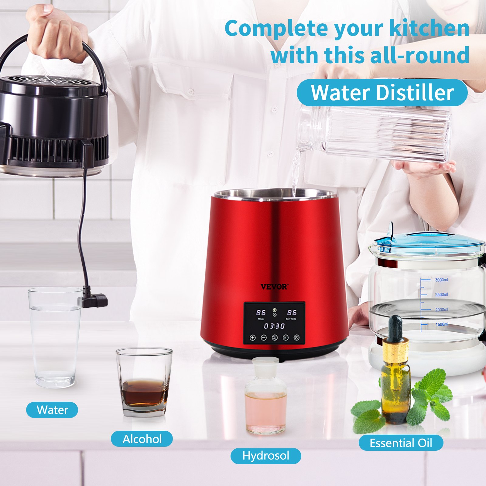 Destilador de agua VEVOR de 1.1 galones, 0.3 galones/h, 750 W, temporizador de 0 a 99 h, pantalla de temperatura dual, acero inoxidable 304, jarra de vidrio, polvo limpiador, 3 paquetes de carbón, color rojo