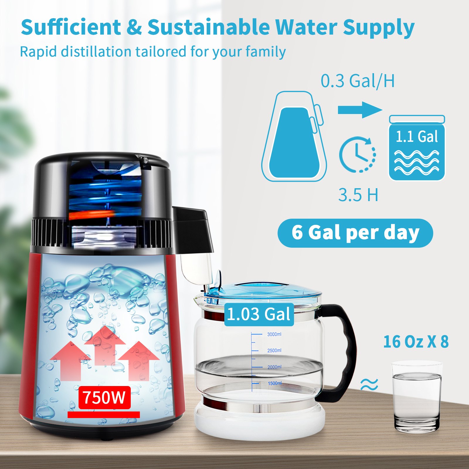 Destilador de agua VEVOR de 1.1 galones, 0.3 galones/h, 750 W, temporizador de 0 a 99 h, pantalla de temperatura dual, acero inoxidable 304, jarra de vidrio, polvo limpiador, 3 paquetes de carbón, color rojo