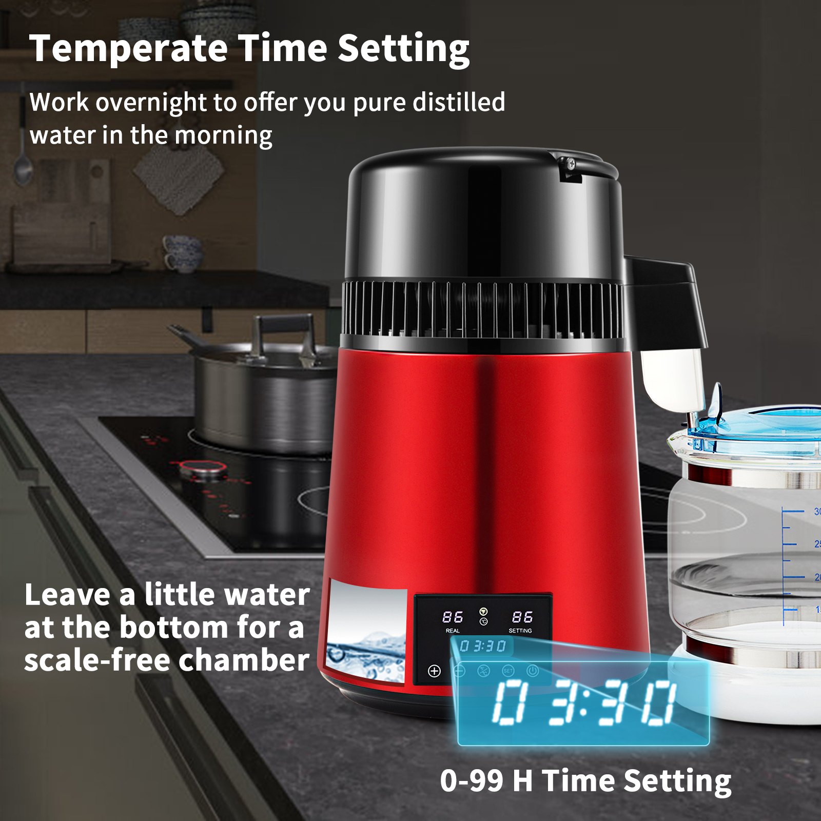 Destilador de agua VEVOR de 1.1 galones, 0.3 galones/h, 750 W, temporizador de 0 a 99 h, pantalla de temperatura dual, acero inoxidable 304, jarra de vidrio, polvo limpiador, 3 paquetes de carbón, color rojo
