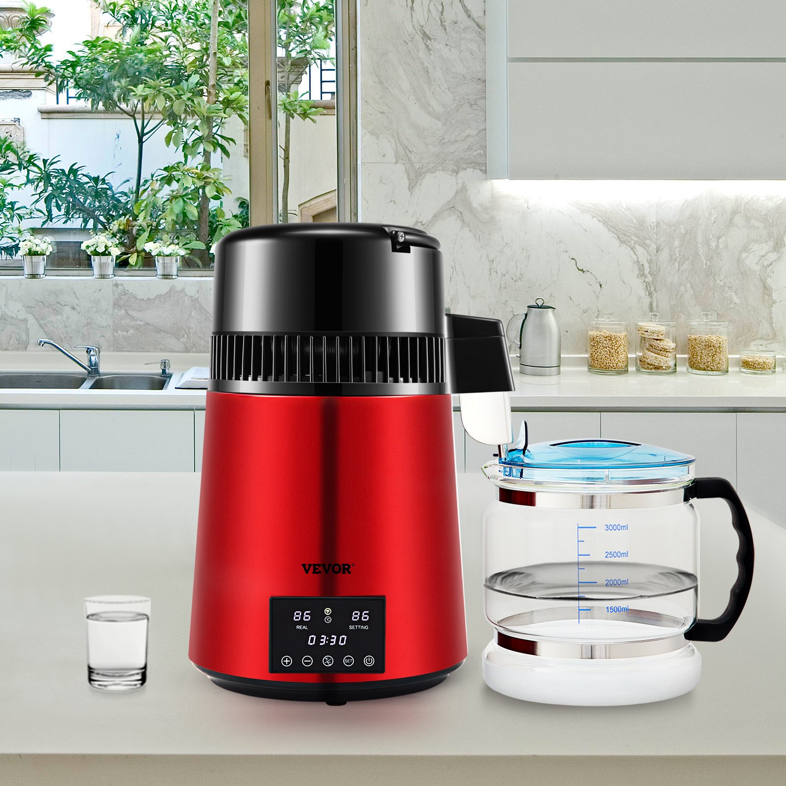 Destilador de agua VEVOR de 1.1 galones, 0.3 galones/h, 750 W, temporizador de 0 a 99 h, pantalla de temperatura dual, acero inoxidable 304, jarra de vidrio, polvo limpiador, 3 paquetes de carbón, color rojo