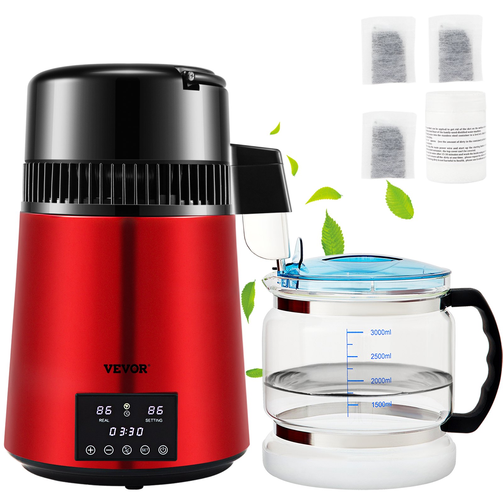 Destilador de agua VEVOR de 1.1 galones, 0.3 galones/h, 750 W, temporizador de 0 a 99 h, pantalla de temperatura dual, acero inoxidable 304, jarra de vidrio, polvo limpiador, 3 paquetes de carbón, color rojo