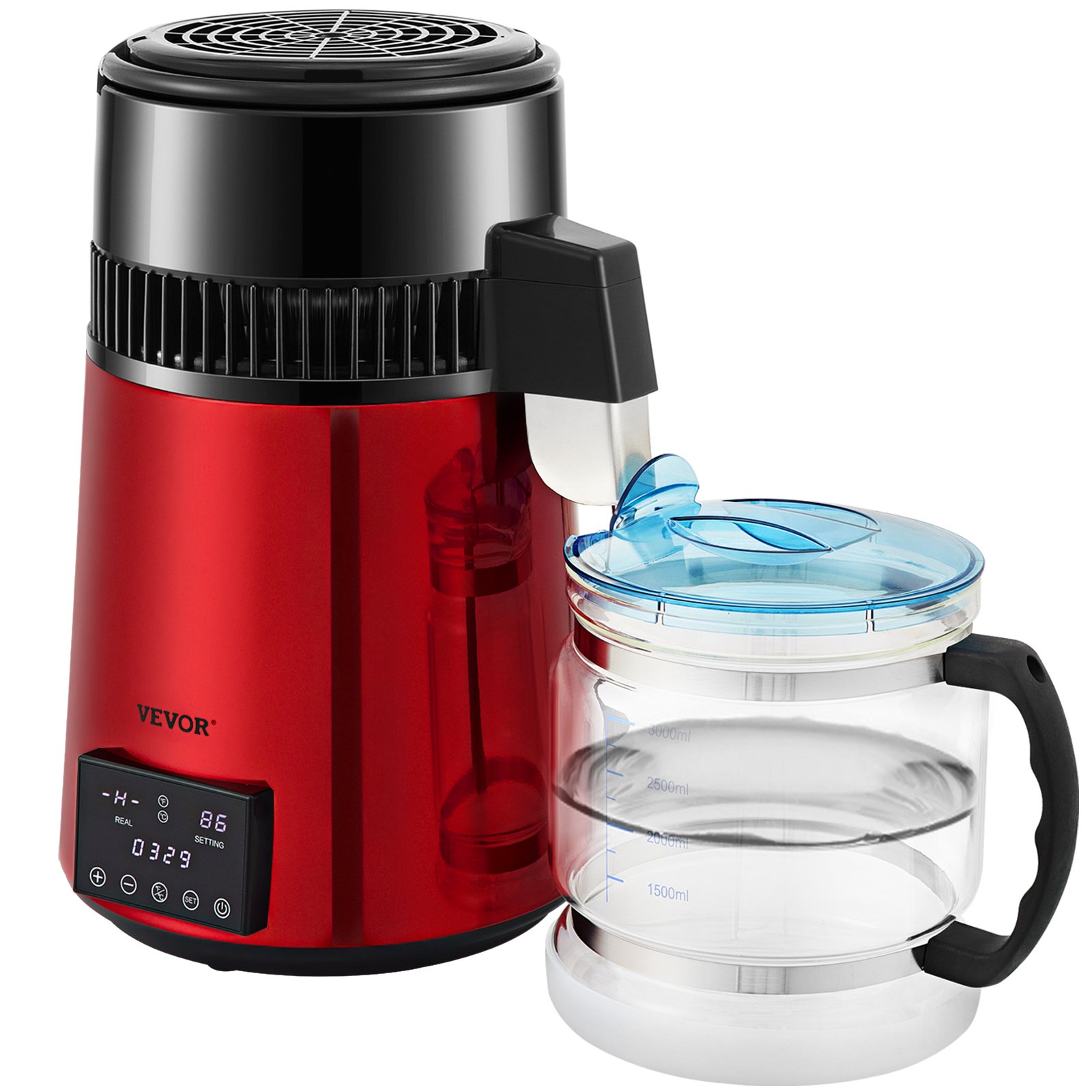 Destilador de agua VEVOR de 1.1 galones, 0.3 galones/h, 750 W, temporizador de 0 a 99 h, pantalla de temperatura dual, acero inoxidable 304, jarra de vidrio, polvo limpiador, 3 paquetes de carbón, color rojo