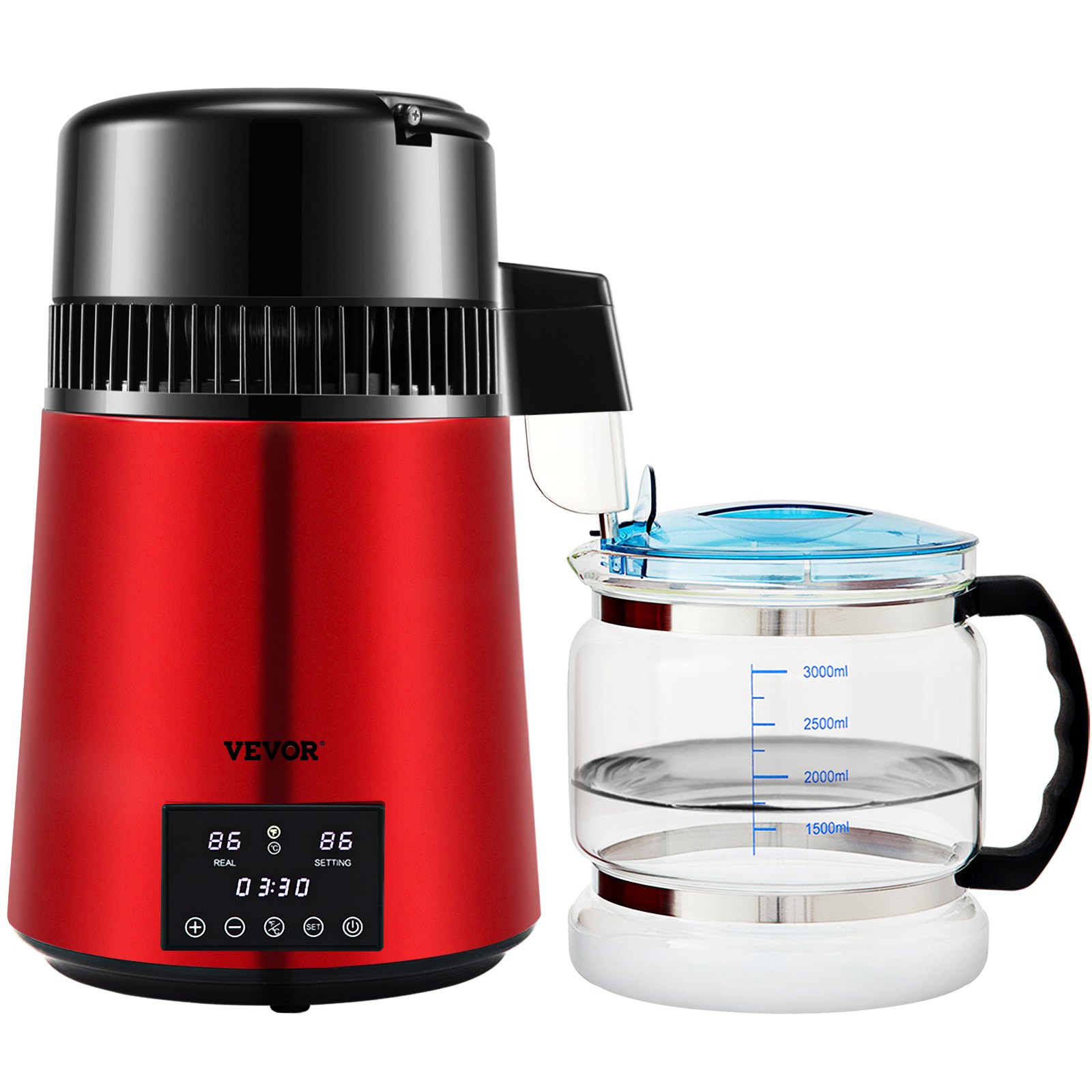 Destilador de agua VEVOR de 1.1 galones, 0.3 galones/h, 750 W, temporizador de 0 a 99 h, pantalla de temperatura dual, acero inoxidable 304, jarra de vidrio, polvo limpiador, 3 paquetes de carbón, color rojo