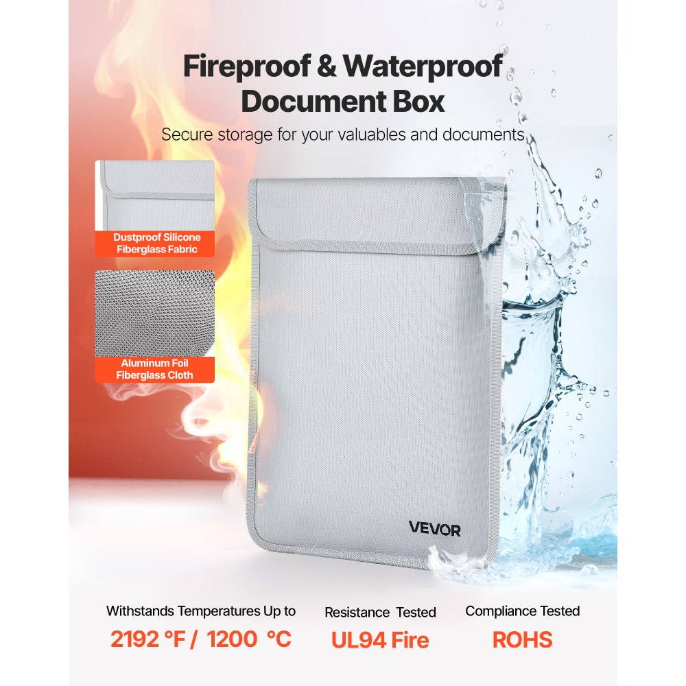 Bolsa ignífuga para documentos VEVOR, resistente al agua y al fuego, con aislamiento térmico de 1100 °C y cremallera suave, organizador portátil para guardar archivos, ideal para viajes, oficina en casa, pasaportes, documentos importantes y archivos.