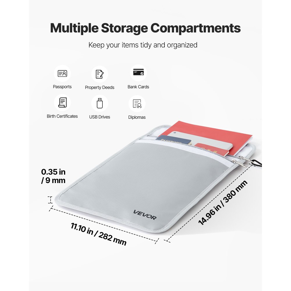 Bolsa ignífuga para documentos VEVOR, resistente al agua y al fuego, con aislamiento térmico de 1100 °C y cremallera suave, organizador portátil para guardar archivos, ideal para viajes, oficina en casa, pasaportes, documentos importantes y archivos.