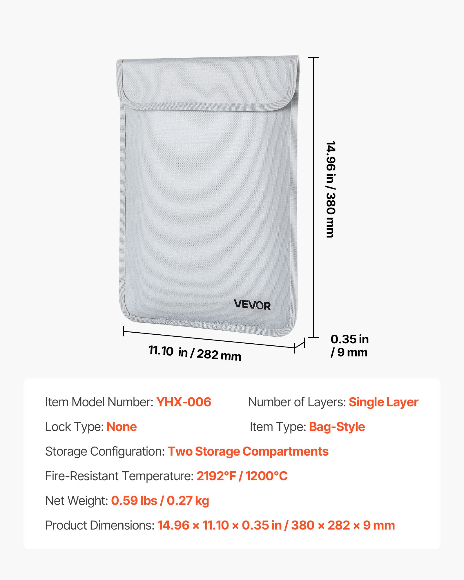 Bolsa ignífuga para documentos VEVOR, resistente al agua y al fuego, con aislamiento térmico de 1100 °C y cremallera suave, organizador portátil para guardar archivos, ideal para viajes, oficina en casa, pasaportes, documentos importantes y archivos.