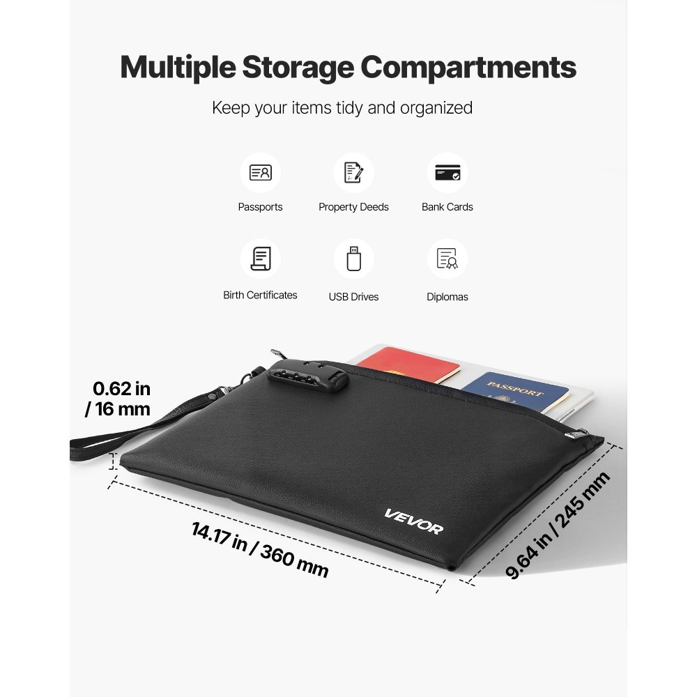 Bolsa ignífuga para documentos VEVOR, resistente al agua y al fuego, con aislamiento térmico de 900 °C y cerradura, organizador portátil de seguridad para archivos, ideal para el hogar, la oficina y viajes, para pasaportes, documentos importantes y archivos.