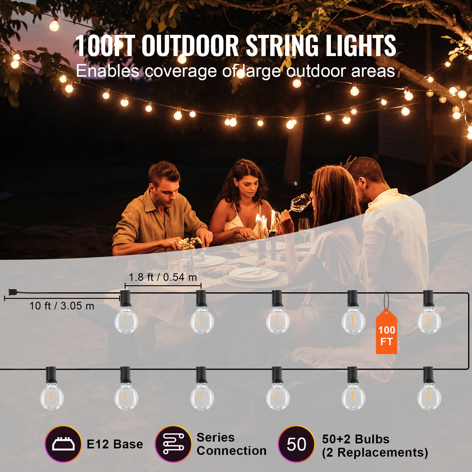 VEVOR - Guirnalda de luces LED para exteriores (30,5 m, 2700 K, regulable, con 50 bombillas G40 irrompibles, casquillo E12), impermeable, para porche, patio, jardín, balcón, decoración de fiestas