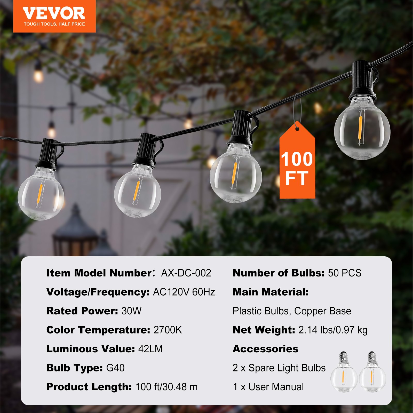 VEVOR - Guirnalda de luces LED para exteriores (30,5 m, 2700 K, regulable, con 50 bombillas G40 irrompibles, casquillo E12), impermeable, para porche, patio, jardín, balcón, decoración de fiestas