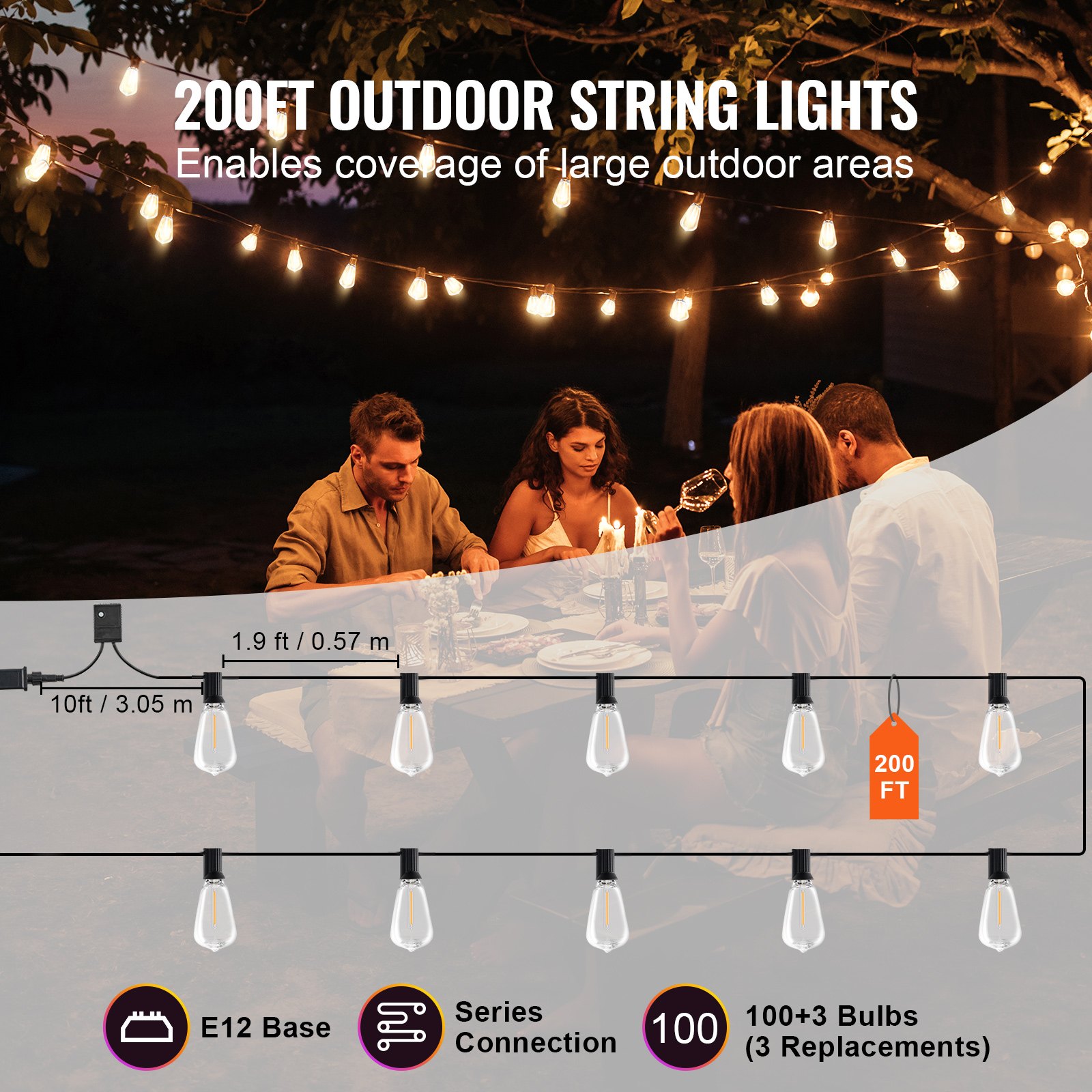 VEVOR - Guirnalda de luces LED para exteriores (61 m, 2700 K, regulable, con 100 bombillas ST38 irrompibles, casquillo E12), impermeable, para porche, patio, jardín, balcón, decoración de fiestas